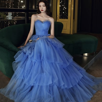 Blue tulle long prom dress blue evening dress - Thumbnail 4