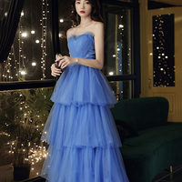 Blue tulle long prom dress blue evening dress - Thumbnail 1