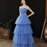 Blue tulle long prom dress blue evening dress - Thumbnail 2