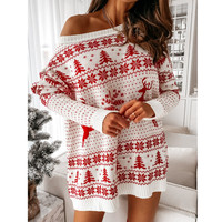 Jacquard Loose Knit Long Sleeve Sweater Dress - Thumbnail 3