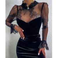 Solid Color Lace Splicing Long Sleeve Dress - Thumbnail 2