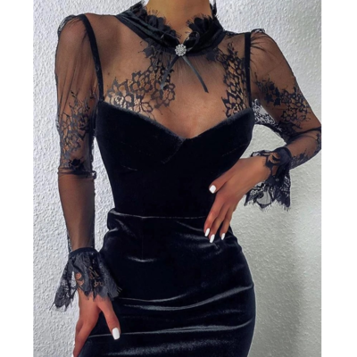 Solid color lace splicing long sleeve dress - Thumbnail 3