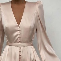 Plain Puff Sleeve Ruched Button Front Dress - Thumbnail 1