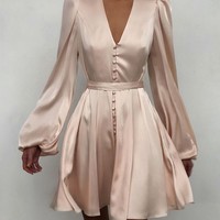 Plain Puff Sleeve Ruched Button Front Dress - Thumbnail 2