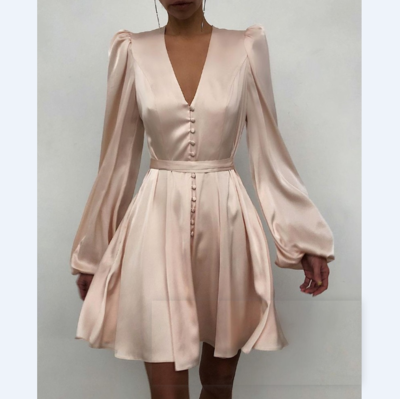 Plain Puff Sleeve Ruched Button Front Dress