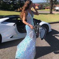 Light Blue Sequins Mermaid V Neck Sparkly Prom Dresses 2021 - Thumbnail 1