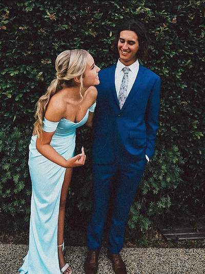 Chic Sheath Sweetheart Light Blue Split Prom Dresses Under 100