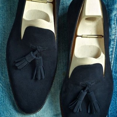 New handmade navy blue tassels loafer suede men's stylish shoes