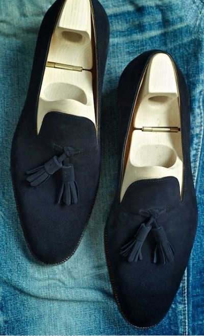 New Handmade Navy Blue Tassels Loafer Suede Men's Stylish Shoes