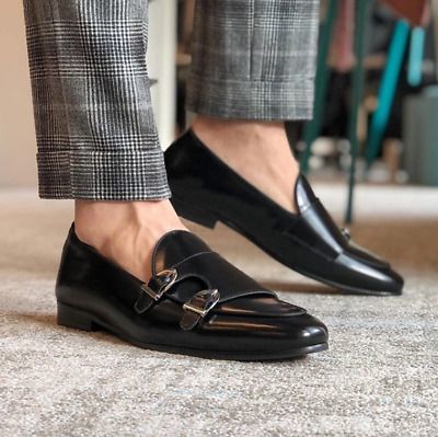 New Handmade Classic Black Double Monk Strap Genuine Leather Office Shoes