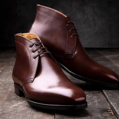 New handmade cowhide leather dark burgundy chukka boots for men - Thumbnail 1