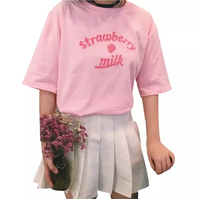 Cute Pastel Pink Strawberry Milk Causal Letter Print Short Sleeve T-shirt Top Tee Shirt E-Girl Kawaii Korean Japanese Harajuku Streetwear