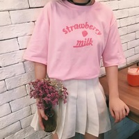 Cute Pastel Pink Strawberry Milk Causal Letter Print Short Sleeve T-shirt Top Tee Shirt E-Girl Kawaii Korean Japanese Harajuku Streetwear - Thumbnail 1
