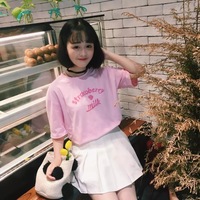 Cute Pastel Pink Strawberry Milk Causal Letter Print Short Sleeve T-shirt Top Tee Shirt E-Girl Kawaii Korean Japanese Harajuku Streetwear - Thumbnail 2