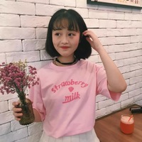 Cute Pastel Pink Strawberry Milk Causal Letter Print Short Sleeve T-shirt Top Tee Shirt E-Girl Kawaii Korean Japanese Harajuku Streetwear - Thumbnail 3