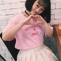 Cute Pastel Pink Strawberry Milk Causal Letter Print Short Sleeve T-shirt Top Tee Shirt E-Girl Kawaii Korean Japanese Harajuku Streetwear - Thumbnail 4