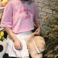 Cute Pastel Pink Strawberry Milk Causal Letter Print Short Sleeve T-shirt Top Tee Shirt E-Girl Kawaii Korean Japanese Harajuku Streetwear - Thumbnail 8