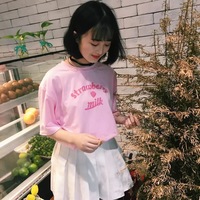 Cute Pastel Pink Strawberry Milk Causal Letter Print Short Sleeve T-shirt Top Tee Shirt E-Girl Kawaii Korean Japanese Harajuku Streetwear - Thumbnail 9