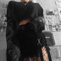 Sexy Black Goth Punk Dragon Print Vintage Sweatshirt Loose Crop Top Long Sleeve Shirt T-shirt E-Girl Kawaii Korean Japanese Harajuku Streetwear - Thumbnail 3