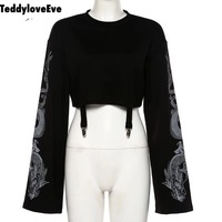Sexy Black Goth Punk Dragon Print Vintage Sweatshirt Loose Crop Top Long Sleeve Shirt T-shirt E-Girl Kawaii Korean Japanese Harajuku Streetwear - Thumbnail 5