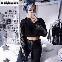 Sexy Black Goth Punk Dragon Print Vintage Sweatshirt Loose Crop Top Long Sleeve Shirt T-shirt E-Girl Kawaii Korean Japanese Harajuku Streetwear - Thumbnail 8