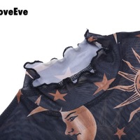 Sexy Goth Grunge Star Moon Celestial Print Ruffle Mesh Transparent Crop Top Short Sleeve Tee Shirt E-Girl Kawaii Korean Japanese Harajuku Streetwear - Thumbnail 7