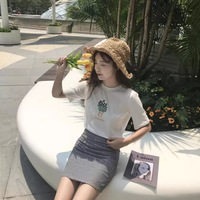 Cute Summer Lavender Plant Flower Embroidery White Loose Casual Short Sleeve Tee Shirt T-shirt Top E-Girl Kawaii Korean Japanese Harajuku Streetwear - Thumbnail 1