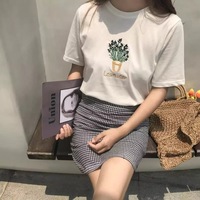 Cute Summer Lavender Plant Flower Embroidery White Loose Casual Short Sleeve Tee Shirt T-shirt Top E-Girl Kawaii Korean Japanese Harajuku Streetwear - Thumbnail 2