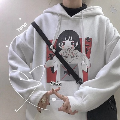 Anime girl cartoon print graphic white long sleeve hoodie sweater sweatshirt pullover top e-girl kawaii korean japanese harajuku streetwear - Thumbnail 4