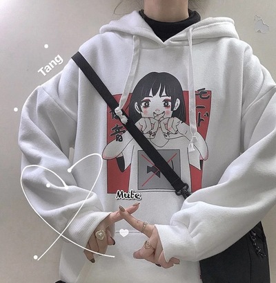 Anime Girl Cartoon Print Graphic White long Sleeve Hoodie Sweater Sweatshirt Pullover Top E-Girl Kawaii Korean Japanese Harajuku Streetwear