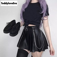 Sexy Black Goth Grunge Punk Summer Zipper Rivet Pleated PU Skirt Metal Ring Hallow Out E-Girl Kawaii Korean Japanese Harajuku Streetwear - Thumbnail 3