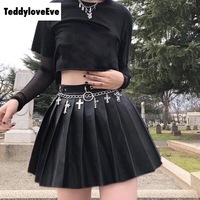 Sexy Black Goth Grunge Punk Summer Zipper Rivet Pleated PU Skirt Metal Ring Hallow Out E-Girl Kawaii Korean Japanese Harajuku Streetwear - Thumbnail 8
