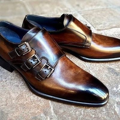 Western look two tone hand stitch triple monk strap genuine leather office shoes - Thumbnail 5