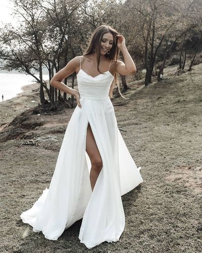 Simple A-Line Cowl Neck White Chiffon Boho Beach Wedding Dresses with Split
