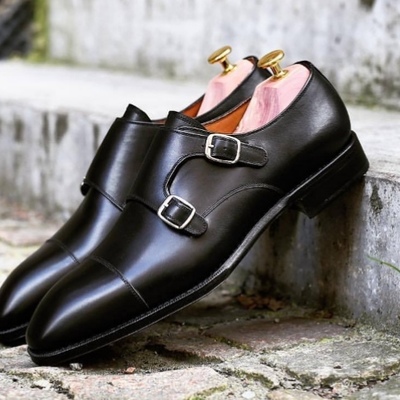 Limited edition black cap toe double monk strap genuine leather office shoes