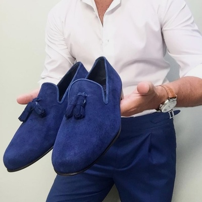 Best classic royal blue tassels loafer leather men's stylish shoes,handmade limited edition christmas shoes - Thumbnail 3