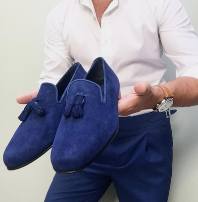 Best Classic Royal Blue Tassels Loafer Leather Men's Stylish Shoes,Handmade Limited Edition Christmas Shoes