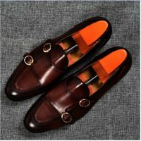 Classic Christmas Burnished Dark Brown Double Monk Formal Dress Shoes for Men - Thumbnail 1