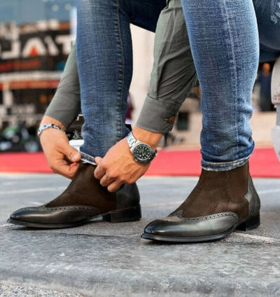 Dark brown Handmade Men's Chelsea Boots, Two tone ankle leather boots, Men boots