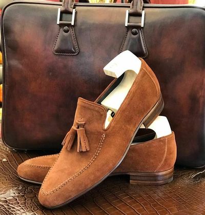 Luxury Handmade Men Tan Suede Loafer Shoes with Tassels, Men Casual Loafer Shoes
