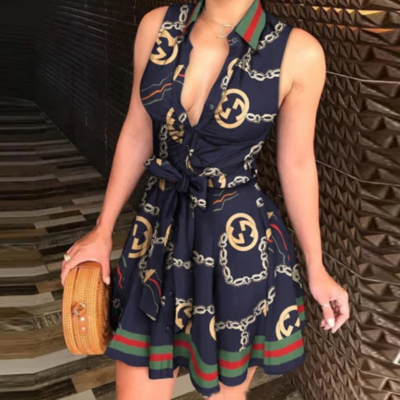 Deep v-neck sexy printed sleeveless dress - Thumbnail 5