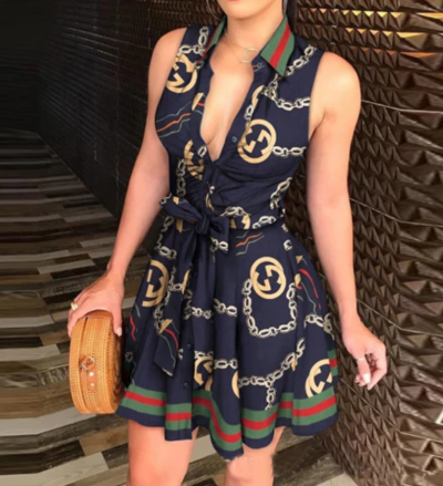 Deep V-Neck Sexy Printed Sleeveless Dress