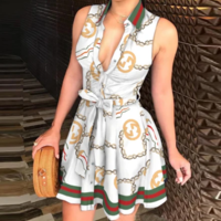 Deep V-Neck Sexy Printed Sleeveless Dress - Thumbnail 1