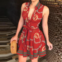 Deep V-Neck Sexy Printed Sleeveless Dress - Thumbnail 2