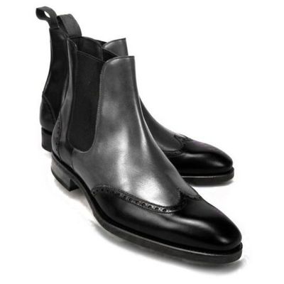 Handmade men two tone leather boots, men designer wing tip leather chelsea boots - Thumbnail 4