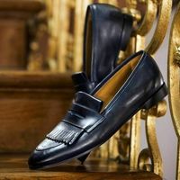 Hot Sale Men's Blue Fringes Handmade Loafer Business Dress Shoes Real Leather Christmas Shoes - Thumbnail 1