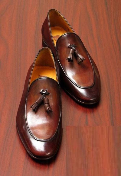 Elegant Loafer Slip On Brown Color Genuine Leather Rounded Derby Toe Handmade Tassel  Limited Edition Shoes