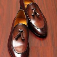 Elegant Loafer Slip On Brown Color Genuine Leather Rounded Derby Toe Handmade Tassel  Limited Edition Shoes - Thumbnail 1