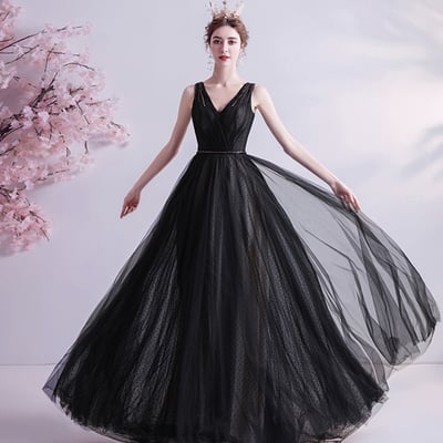 Black v neck tulle beads prom dress evening dress - Thumbnail 3