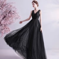 Black v neck tulle beads prom dress evening dress - Thumbnail 1